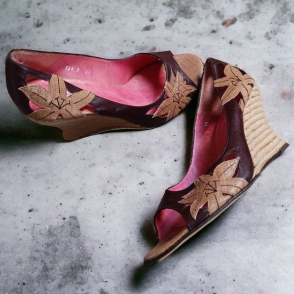 Audley  Leather Floral  Espadrille Open Toe Wedge Sandals  Size 8.5 - Picture 2 of 14